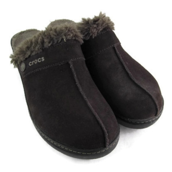 CROCS Shoes - Crocs Brown Suede Wedge Faux Fur Lined Mules